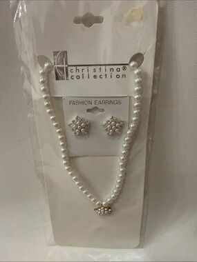 Christina Pearl Necklace Floral Rhinestone Earrings White Silver Adjustable